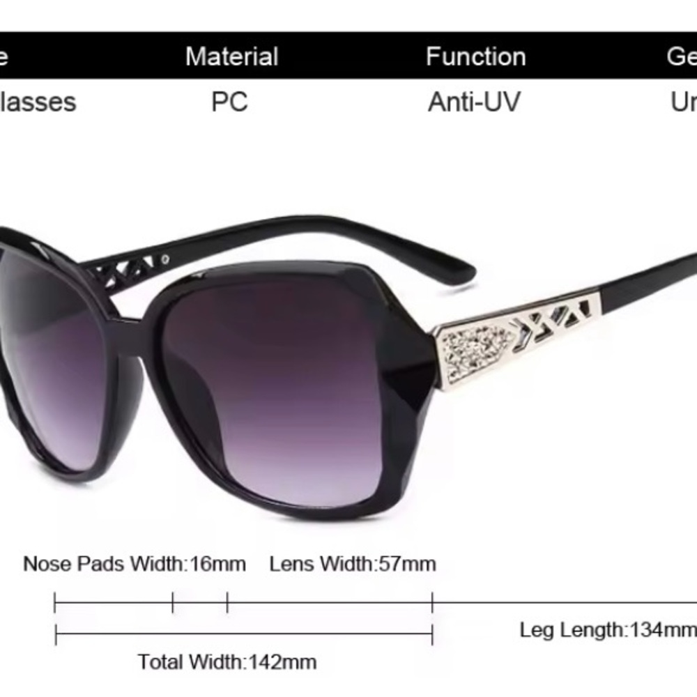 Women’s Big Black Sunglasses with Silver Accents - Picture 2 of 3